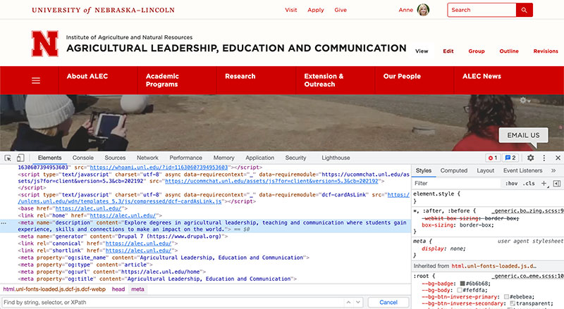 screenshot of page source code