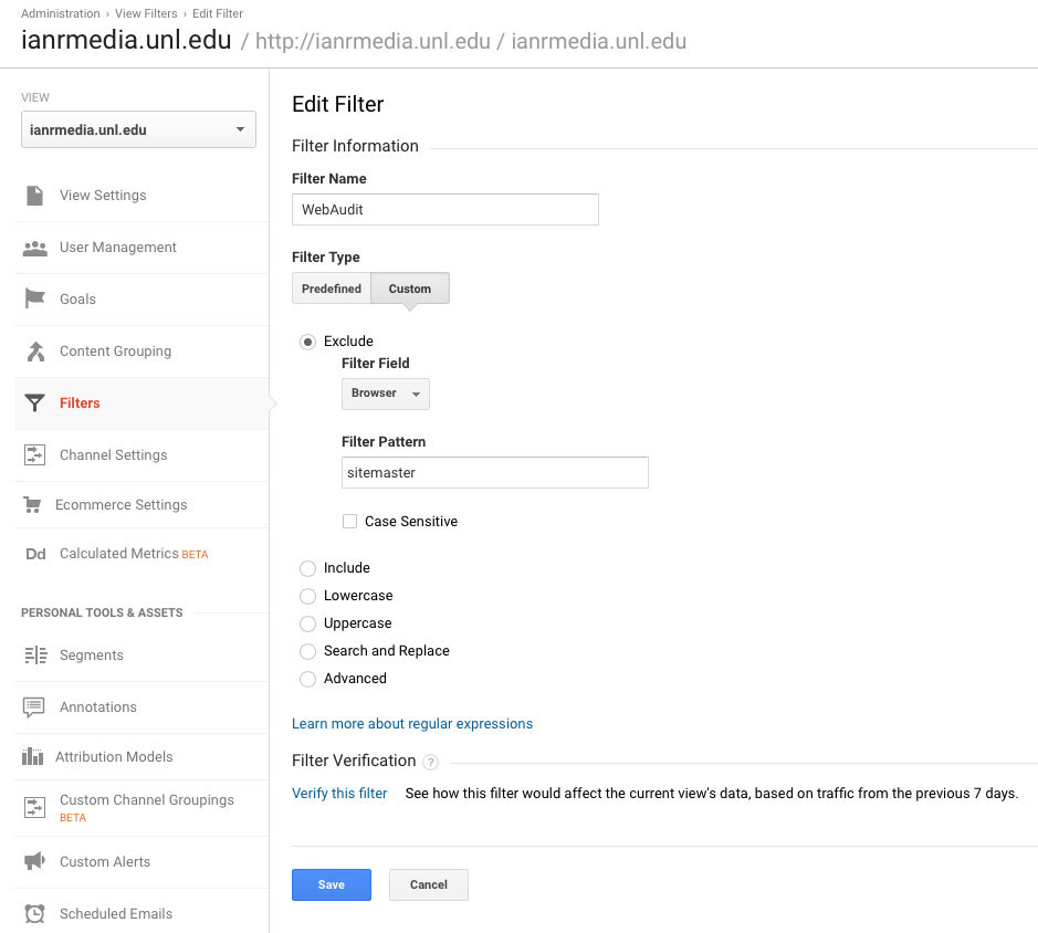 screenshot of Web Audit filter in Google Analytics