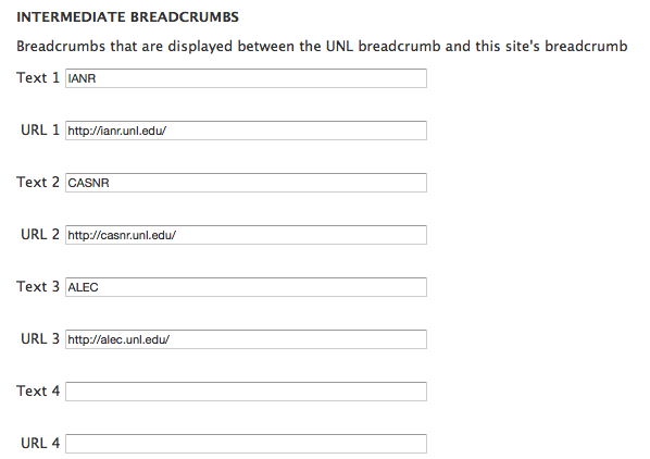 Screenshot of entering IANR Breadcrumbs in Admintool