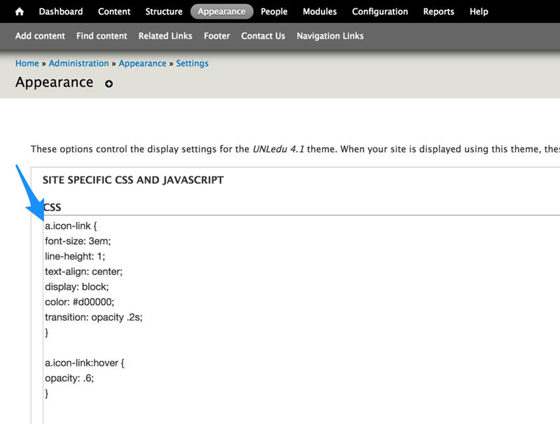 The appearance settings page where you place your CSS