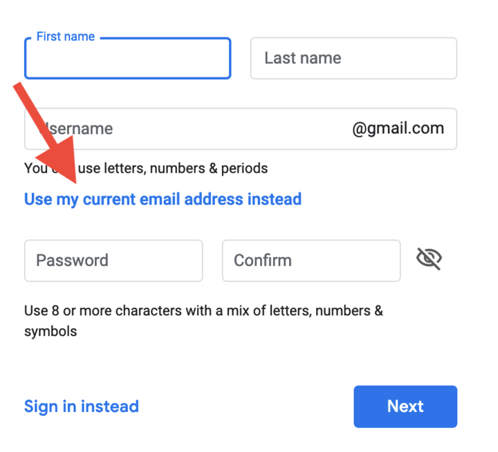 screenshot of google account signup form