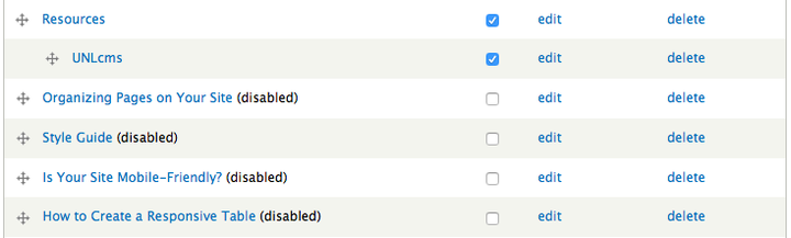 screen shot UNLcms menu list