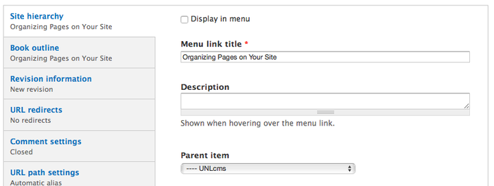 screen shot UNLcms site hierarchy parent item